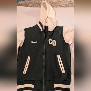 Ocean Beach Kids Sz 10-12 Dark Green and White Hooded Fleece Jacket